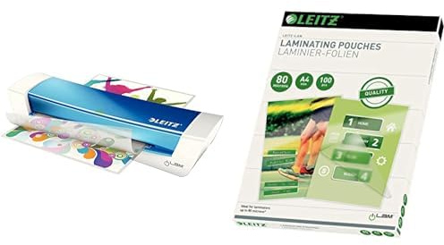Leitz 73680036 - Plastificadora iLAM Home Office DIN A4, Color Blanco/Azul + Pack de 100 Fundas Brillante Leitz, A4, 80 Micras, Adecuado para Oficina y Casa, con Acabado Profesional, 33818