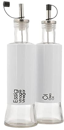 KHG Öl- & Essig-Spender als Set, Öl-Essig Menage 250 ml Flasche Ausgießer aus Glas & Edelstahl in Weiß, Höhe 24,5 cm & 6,5 cm ∅, auch mit Salz & Pfeffer Set möglich