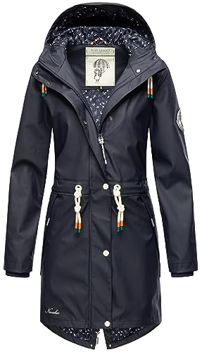 Navahoo Damen Übergangsjacke Regenmantel wasserdichte lange Regenjacke mit verstellbarer Kapuze und geschweißten Nähten Tropical Stormoo Navy Gr. 3XL