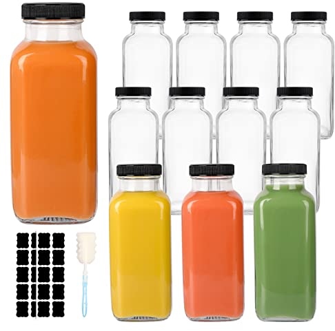 GUANENA 12 Pack Glass Drink Bottles, 12 OZ Vintage Square Water Bottles with Lids, Juice Bottles Beverages Containers for Milk, Kombucha, Smoothies