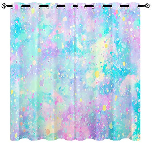 YUANZU Rainbow Mesh Curtains - Kids Fantasy Gradient Backdrop with Splash Print Pattern Eyelet Blackout Thermal Insulated Room Darkening Window Drapes for Boys Girls Bedroom 2 Panels W117cm x D137cm