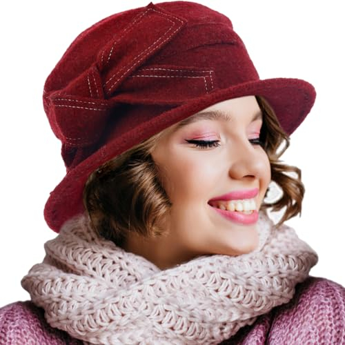 Damenhut aus Filz, Vintage-Stil, florales Wollkleid, Wintermütze, Schleife, Weinrot, Medium