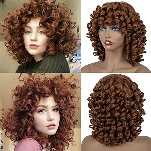 Leeven 12 Inch Afro Kinky Curly Wig with Bangs Synthetic Curly Afro Wig Natural Bouncy Curls Short Wigs with Fringe for Woman 30#