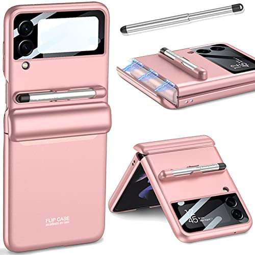 Miimall Compatible with Samsung Galaxy Z Flip 4 Case with S Pen, [Magnetic Hinge Cover] [Tempered Glass Camera Lens Protector] Shockproof Hard PC Full Protective Cover for Z Flip 4-Pink