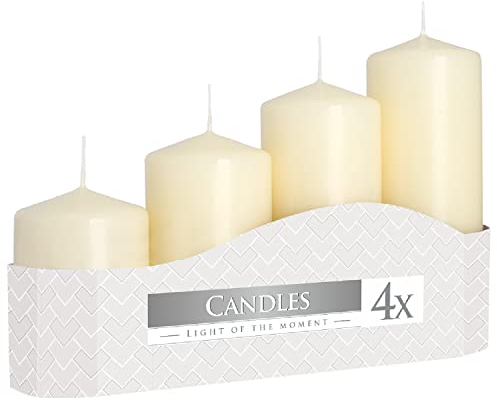 Stumpenkerzen 4er Set | Blockkerzen creme | unparfümiert | Durchmesser 4,8 cm | Höhe 7, 9, 11, 13 cm | 1 Box