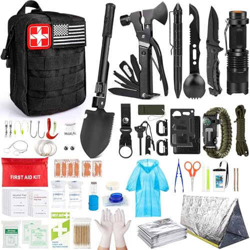 Überlebens-Set, 222-teilig, Notfall-Überlebensausrüstung, Erste-Hilfe-Set mit Molle-System, Tasche kompatibel mit Outdoor-Campingausrüstung, Notfall-Kit