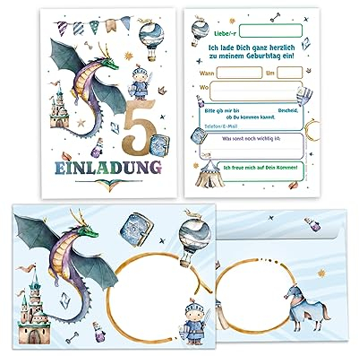 Minkocards 8 Einladungskarten incl. 8 Umschläge zum 5. Kindergeburtstag Junge Ritter Drache Jungsgeburtstag Einladung zum fünften Geburtstag Kinder Einladungsset
