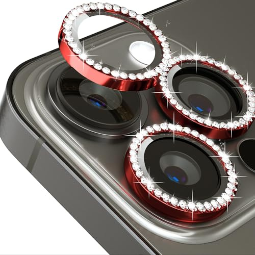 Design for iPhone 15 Pro 6.1/iPhone 15 Pro Max 6.7 Camera Lens Protector Bling,ICARERFAMILY Ultra HD Clear Tempered Glass Diamond Camera Lens Protection Cover, [Case Friendly] Scratch Proof - Red