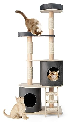 GYMAX Kratzbaum 161 cm hoch, 5 Ebenen Katzenbaum, Katzenkratzbaum mit 2 Katzenhäusern & Kletterleiter, abnehmbare Kissen, Aktivitätszentrum Möbel für Katzen