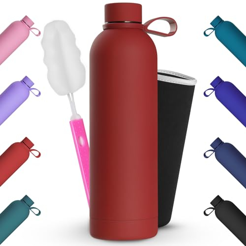 750ML Bottiglia Termica Tappo con Manico,Geepen Bottiglia d'Acqua in Acciaio Inox+Borsa Portabile+Spazzola Tenere 12HCaldo/24Freddo Opaco Borraccia Isolamento a Ciclismo,Scuola,Palestra,Sport Rosso
