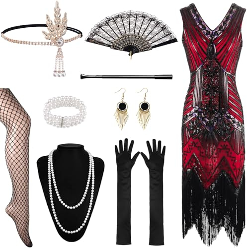Panngu Robe à Franges à Sequins des Années 20 avec Ensemble d'Accessoires pour Déguisement Charleston et Gatsby Femme.(Rouge)