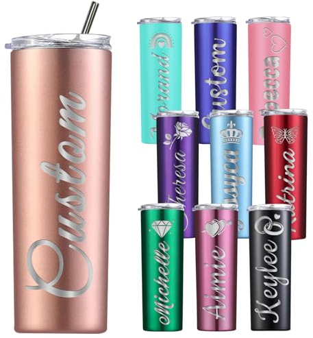 Gobelet fin personnalisé avec couvercle et paille - Gobelet isotherme en acier inoxydable avec nom gravé - 591 ml - Or rose - Pour homme et femme - Cadeau d'anniversaire, de Noël, de Saint-Valentin