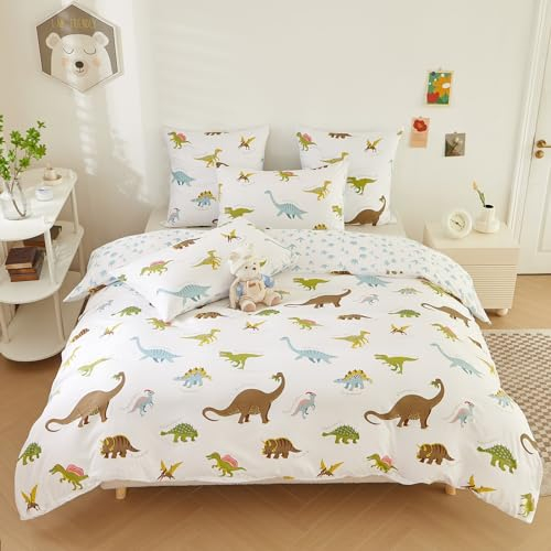 Luofanfei Dino Bettwäsche Set 135x200 Dinosaurier Jungen Mädchen Kinderbettwäsche Microfaser Cartoon Dinos Motiv Wendebettwäsche mit Reißverschluss und kopfkissenbezug 80x80