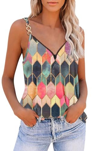 GRMLRPT Camiseta sin Mangas Mujer Verano Cuello en V Casual Tops Estampado Camisetas Básicas sin Mangas Mujer Sexy Sleeveless Shirt tee(Multicolor-A,L)