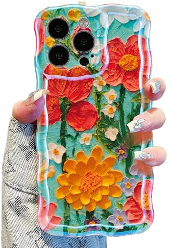 UEEBAI Case for iPhone 14 Pro Max, Glossy Oil Painting Flower Pattern Case, Curly Wave Frame, Cute Pretty Aesthetic, Lens Protection Screen anti-scratch Cover for Girl Women - Blue Flower