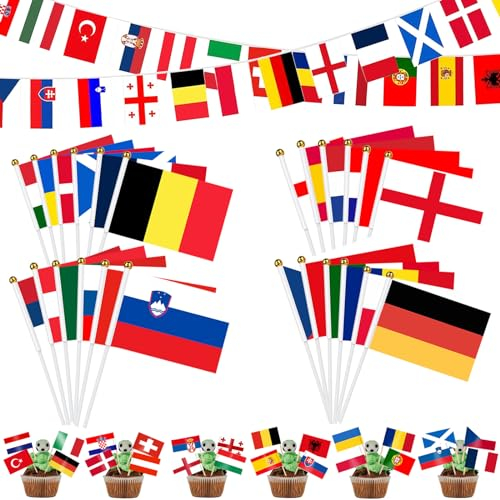 24 Länder Fahnen Wimpelkette 20x28cm + 48 Internationale Zahnstocherflaggen + 24 Länder EM Flagge Handgehaltene Flaggen Doppelseitige EM Deko für Haus Garten Bar Restaurant Party Deko