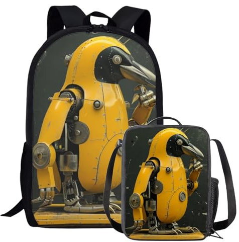 Amzbeauty 2-in-1-Rucksack mit Roboter-Pinguin-Motiv, Kinderrucksack mit Lunchbox, Jungen-Rucksack und Lunchtasche, Geschenk für die Schule