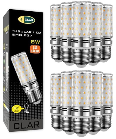 CLAR - E27 LED Lampe Stabform 8W Leuchtmittel E27, Energiesparlampe E27, LED Energiesparlampe, E27, Lampe Aussenbereich, LED Längliche Glühbirne E27 Warmweiß 3000ºK (Pack 10)
