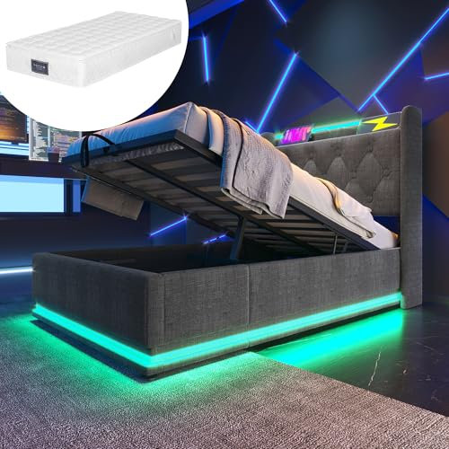 Polsterbett Einzelbett 90x200, LED Jugendbett Hydraulisch Stauraumbett Funktionsbett Bettgestell mit Stauraum & Lattenrost, Kopfteil mit USB Typ-C Ladefunktion & Staufach, Leinen, Mit Matratze, Grau