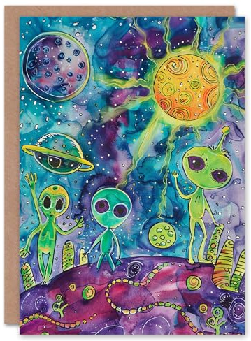 Artery8 Friendly Happy Space Aliens Planets Watercolour Blank For Him Or Her Art Birthday Card