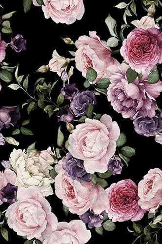 SOEWIOU Floral Peel and Stick Wallpaper,44.5×300cm Abstract Floral Style Pink Floral Wallpaper Floral Pattern Peel and Stick Wallpaper,Black Background Wallpaper for Bedroom Living Room Bathroom