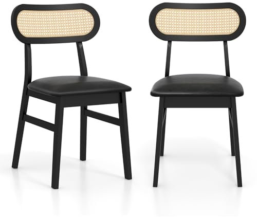 COSTWAY 2er-Set Esszimmerstühle Holz, Holzstühle mit gepolsterter Sitzfläche, Bezug aus Kunstleder & Rattan-Rückenlehne, 2 Freizeitstühle für Küche und Esszimmer (schwarz)