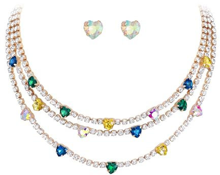EVER FAITH Collana girocollo a strati di cristallo, alla moda, a forma di cuore, a 3 fili, con orecchini colorati alla moda, per donne, multicolore, cristallo