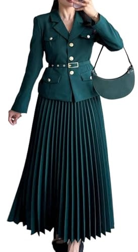 2-teiliges Set Aus Damenblazer Mit Revers Und Plissee-Maxirock Mit Passendem Gürtel, 2-teiliges Damenrock-Set, Blazer Mit V-Ausschnitt Und Maxi-Plissee-Rock-Sets (Grün,L)