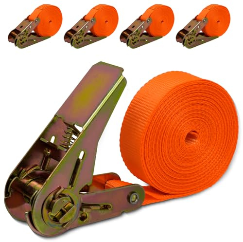 ZephyrCraft 4er Set Spanngurte mit Ratsche, 6m x 25mm, Belastung 1000kg, Zurrgurte mit Ratsche für Ladungssicherung（Orange）