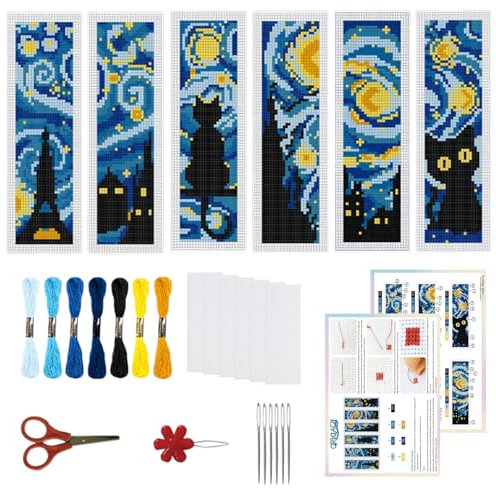 ORIGACH 6 Stück Lesezeichen Kreuzstich Kits, Sternennacht Und Schwarze Katze Anfänger Kreuzstich Set Mit Anleitung Vorgedruckt Lesezeichen Kreuzstich Set für Erwachsene, 20x6 cm