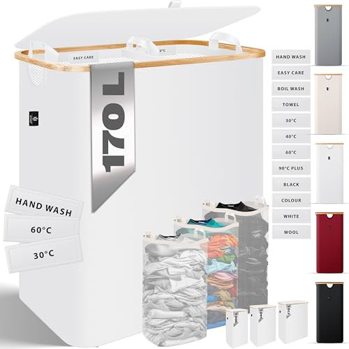 KESSER® Wäschekorb mit Deckel 2 Fächer faltbar 170 Liter Wäschebox Wäschetruhe Wäschekorb Wäschetonne | Wäschesammler mit 3X herausnehmbaren Wäschesäcke | Wäschesortierter inkl. Waschhinweisen Weiß