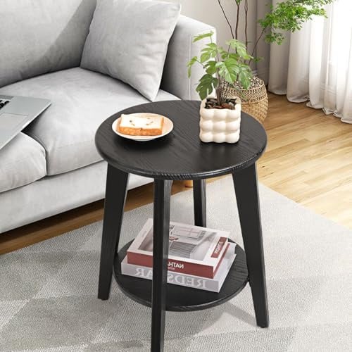 FEUFOAM 2-Tier Round Side End Table Black Beside Table Sofa Table Nightstand Modern Accent Table for Small Spaces Living Room Bedroom 40W x 52H cm