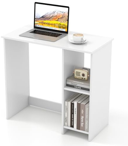 GYMAX Bureau d'Ordinateur Blanc Compact 80 x 40 x 74 cm, Poste de Travail avec 2 Étagères, Gain De Place, Style Simple, pour Bureau, Salon d'Etude, Chambre à Coucher