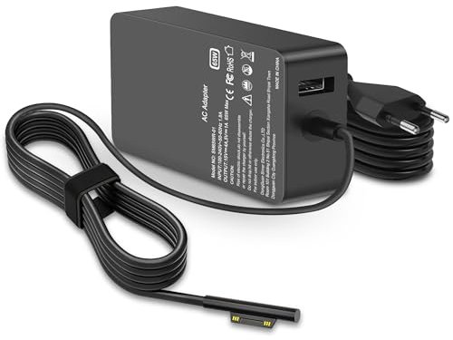 Chargeur 65W pour Microsoft Surface Pro 11 10 9 8 7+ 7 5 4 3, Surface Laptop 7 6 5 4 3 2 1, Surface Book 3 2 1, Surface Go 1 2 3 Adaptateur Secteur avec Un Port USB et Un câble