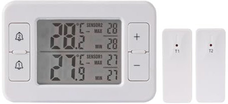 Kabelloses Thermometer mit Doppelsensor, drahtloses Thermometer, Alarm für Kühlschrank/Gefrierschrank innen / außen, Temperatur über eine Reichweite von 100 m