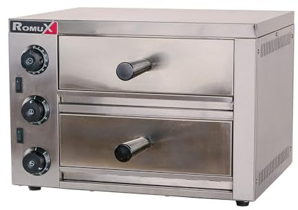 Romux® Kompakter elektrischer Doppel-Pizzaofen, 1 + 1 Pizza, 30 cm, Tisch aus Edelstahl mit schneller Erwärmung, Temperatur 350 °C – 3200 W, für gewerbliche und häusliche Zwecke