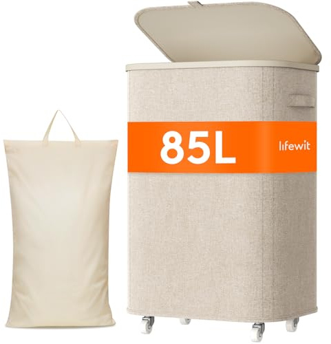 Lifewit Panier a Linge Sale avec Couvercle et Roulettes, Corbeille Linge Pliable avec Sac Amovible, Bac Linge, Laundry Basket pour Chambre, Salle de Bain, Buanderie, 85L, Beige