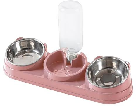 Colcolo Ciotole Triple per Gatti, Ciotola per Cibo e Acqua per Animali Domestici con Bottiglia d'Acqua Automatica, 3 in 1, Ciotola rialzata per Gatti, per, Rosa