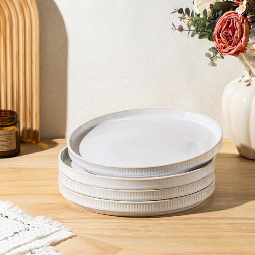 GBhome Set di 4 piatti piani in gres, piatti piani in ceramica smaltata reattiva fatti a mano (27 cm), set di piatti rustici a coste, per cucina, microonde e lavastoviglie, antigraffio, beige