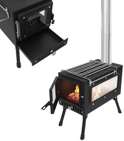 Mqwdxzfes Estufa de tienda de campaña portátil, estufa de leña, estufa de camping con 5 secciones, tubos de chimenea y ventanas de cristal, estufa de calefacción para exteriores, para camping, caza