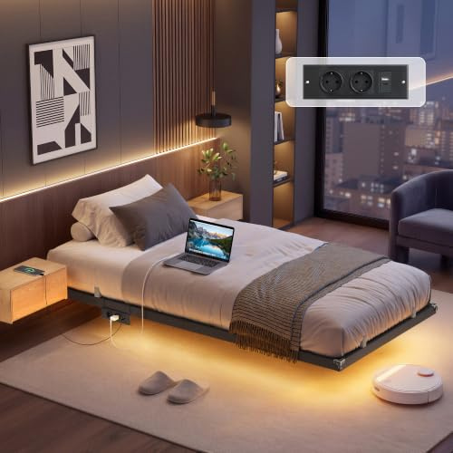 VASAGLE Marco de Cama Flotante, 90 x 190 cm, LED, 2 Tomas de Corriente | Diseño Flotante, Puertos USB y Tipo C, Carga de 250 kg, RMB171B101