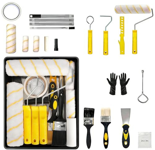 Rodillo Pintura Pared,El Juego De 21 Piezas Incluye Rodillo, Recipiente Para Pintura,Brochas, Cinta Adhesiva, Espátula, Entre Otros, y Se Utiliza Para Pintar y Renovar Paredes, Techos y Puertas.