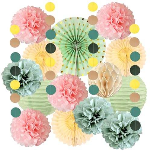 Décorations de Fête Vert Sauge et Rose Pâle, Lanternes en Papier de Soie | Éventails en Papier de Soie Rose Clairpour Anniversaire Mariage Babyshower Douche Nuptiale Fête Décorations
