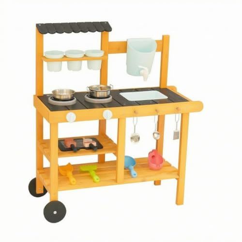 perfeclan Children Play Kitchen Outdoor Playset With Sink Faucet Grill Hooks And Shelf Sturdy Fir Wood Metal Structure With Wheels suitable for garden play backyard fun preschool role play