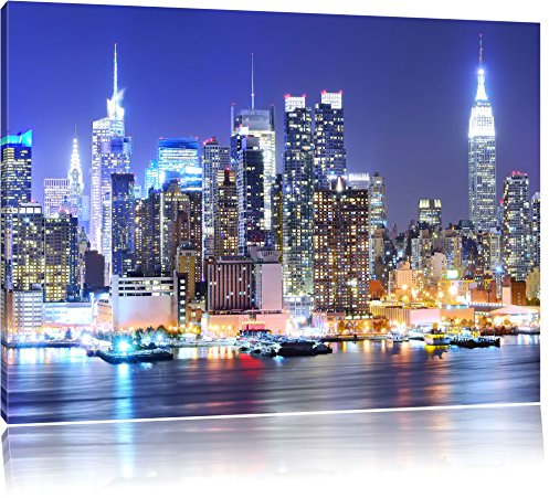 Pixxprint New York City Skyline Pont la Nuit, Peinture sur Toile, Format XXL Support en Bois, Leinwand Format:80x60 cm
