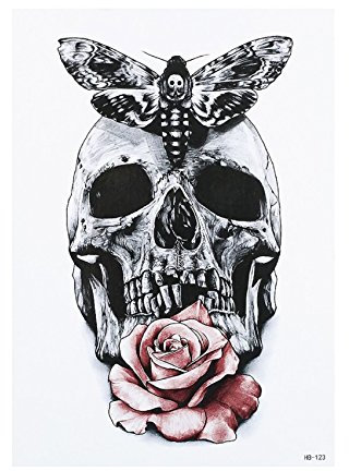 STRASS & PAILLETTES - Grand Tatouages éphémères Crane. Tete de Mort, Rose et Papillon Waterproof. Tatoo temporaire n&b - Bijou de Peau