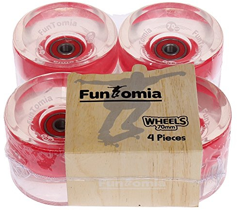 FunTomia 4 Stück (LED) Longboard/Skateboard Rollen (Big Wheels) in 70x51mm 80A inkl. ABEC-9 Kugellager und Metall Spacer 80A Rollenhärte