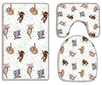 A.Monamour Kittens Cats Playing Yarn Ball Pattern Watercolor Picture Print Soft Flannel Cloth Washable Toilet Seat Covers Toilet Lid Covers Cushions Pads Skidproof Bath Mat Rug For Toilet Accessories