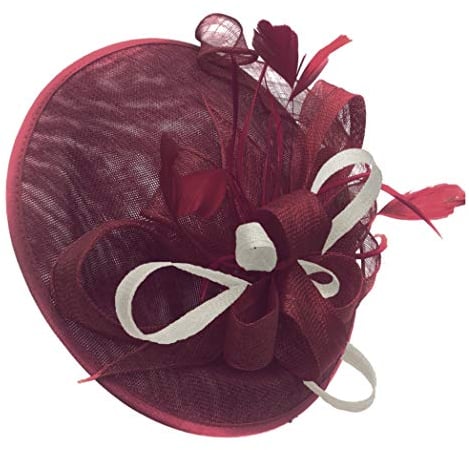 Caprilite Burgundy and Cream Ivory Sinamay Big Disc Saucer Fascinator Hat for Women Weddings Headband