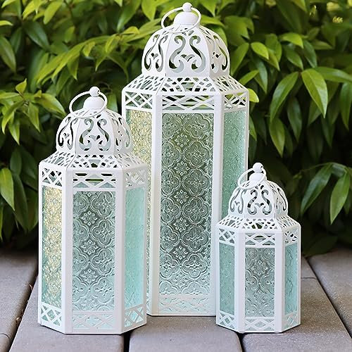 Dekorativer marokkanischer Metall-Kerzenlaternenhalter im 3er-Set für Ramadan, Inneneinrichtung, Außenterrasse, Weiß